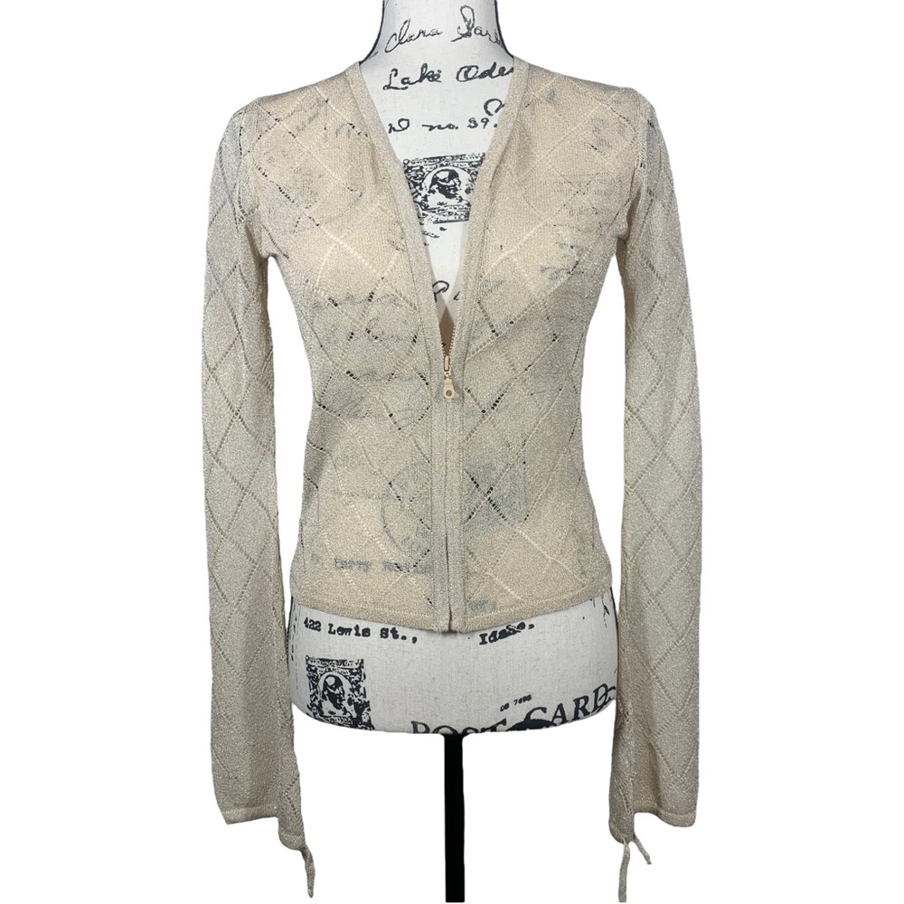 Vintage Free People Pointelle Knit Gold Metallic Mesh Zip Up Cardigan Coachella - Picture 3 of 12